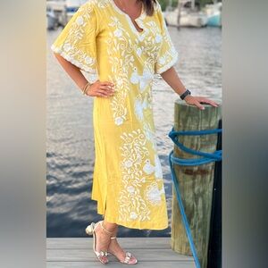 Frances Valentine Yellow Embroidered Peacock Kaftan Dress